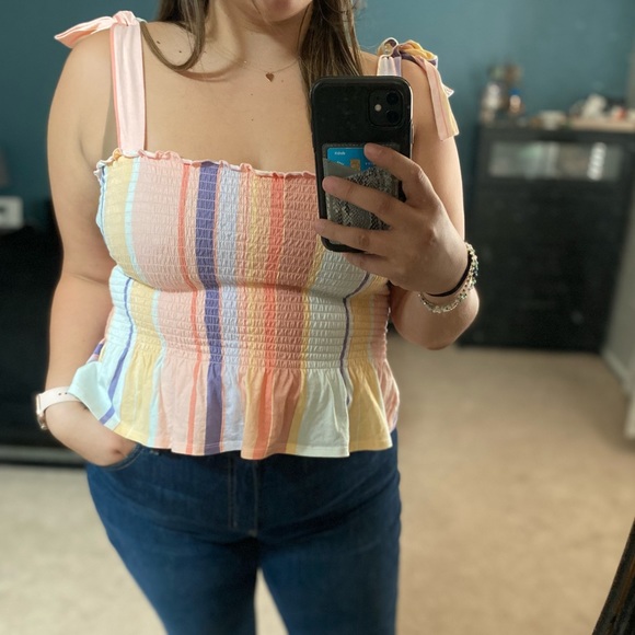 Bar III Striped Top with Tie Straps & Ruffle Hem - Picture 3 of 4